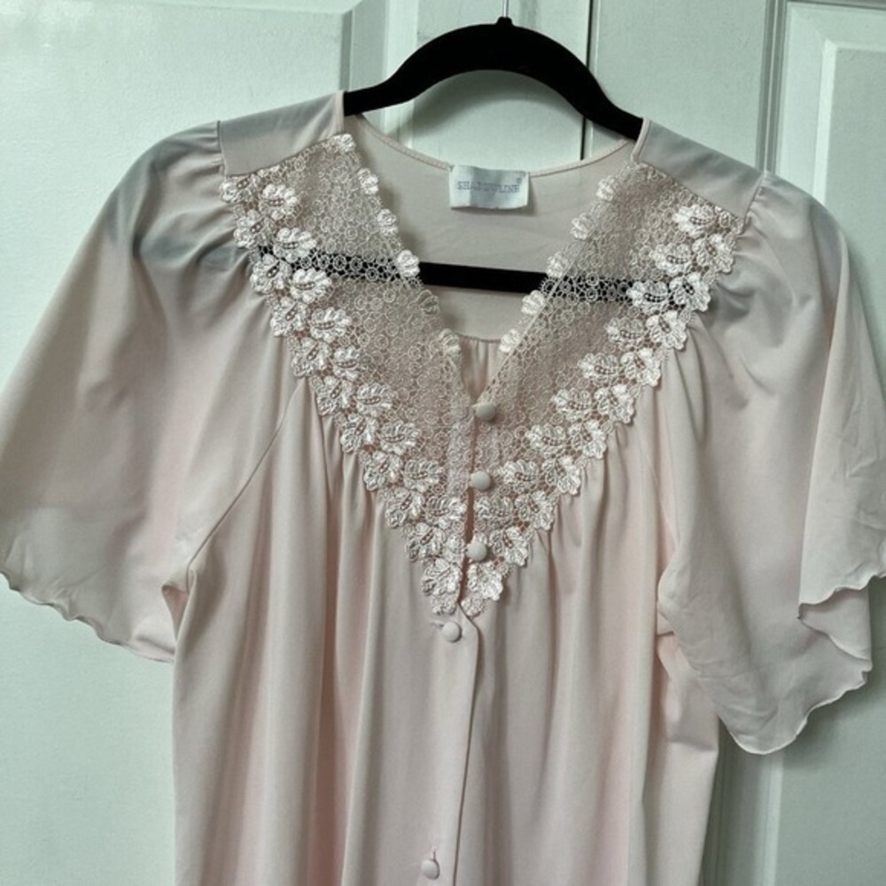 Vintage Shadowline Nightgown Pink Lace Trim 80s Nylon Sleepwear Womens Small USA - Picture 2 of 9
